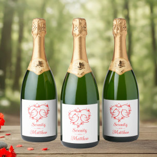 Cute Lovebirds Boho Red Heart Garden Wedding Sparkling Wine Label