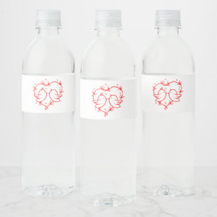 Cute Lovebirds Boho Red Heart Garden Wedding Water Bottle Label