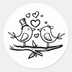 Cute Lovebirds Bridal Shower Black White Wedding Classic Round Sticker