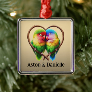 Cute Lovebirds Cuddling in a Heart Shaped Bough Metal Tree Decoration