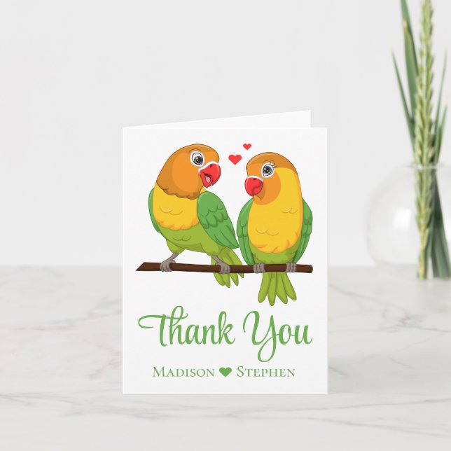 Cute Lovebirds Green Love Birds Wedding Thank You Card (Front)