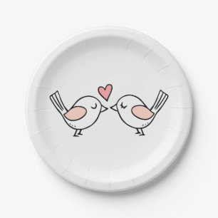 Cute Lovebirds Kissing Love Birds Pink Wedding Paper Plate