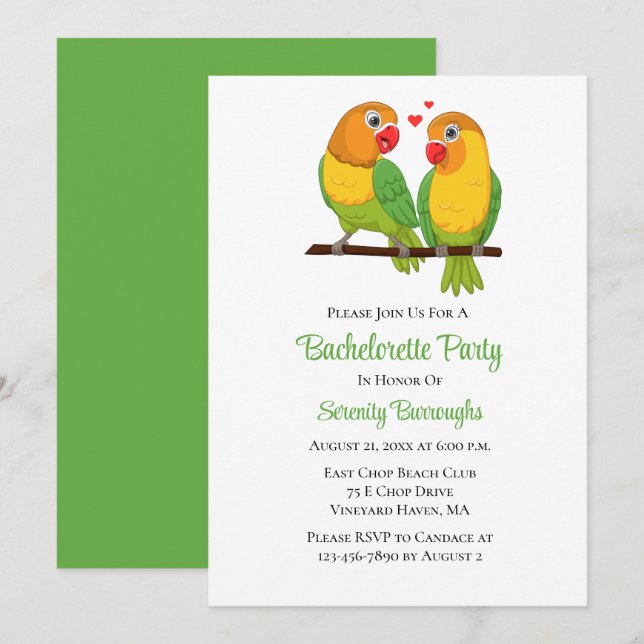 Cute Lovebirds Love Birds Green Bachelorette Party Invitation (Front/Back)