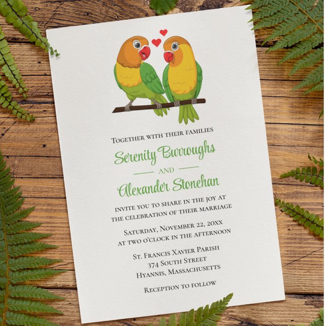 Cute Lovebirds Lovebirds Yellow Green Wedding Invitation (Creator Uploaded)