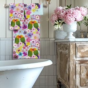 Cute Lovebirds Tropical Flowers Romantic Bird Bath Towel Set