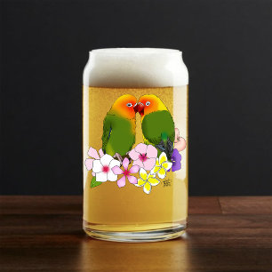 Cute Lovebirds Tropical Flowers Romantic Bird Can Glass