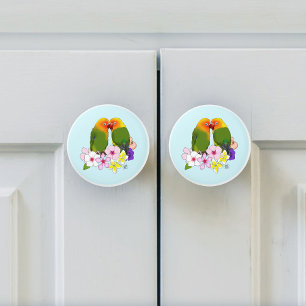 Cute Lovebirds Tropical Flowers Romantic Bird Ceramic Knob