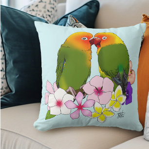 Cute Lovebirds Tropical Flowers Romantic Bird Cushion