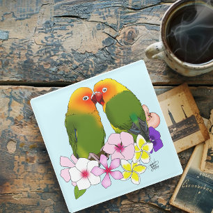 Cute Lovebirds Tropical Flowers Romantic Bird Glass Coaster