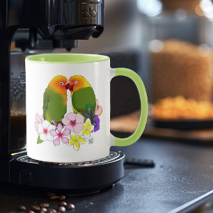 Cute Lovebirds Tropical Flowers Romantic Bird Mug