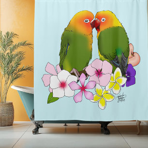 Cute Lovebirds Tropical Flowers Romantic Bird Shower Curtain