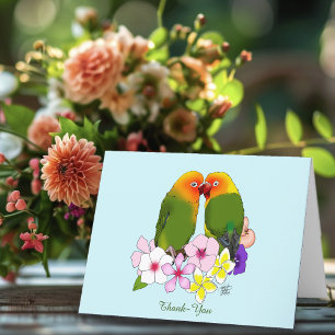 Cute Lovebirds Tropical Flowers Romantic Bird Thank You Card
