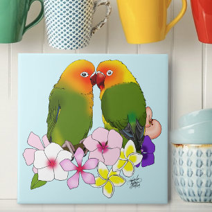 Cute Lovebirds Tropical Flowers Romantic Bird Tile