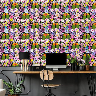 Cute Lovebirds Tropical Flowers Romantic Bird Wallpaper