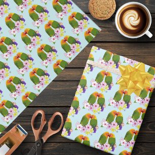 Cute Lovebirds Tropical Flowers Romantic Bird Wrapping Paper
