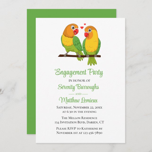 Cute Lovebirds Wedding Love Birds Engagement Party Invitation (Front/Back)