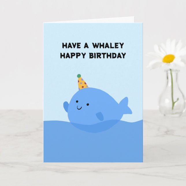 Cute Lovely Blue Whale Birthday Hat Pun Birthday Card (Small Plant)