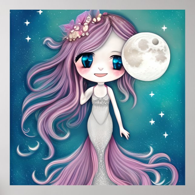 Cute Lovely face Mermaid teal moon gift  Poster (Front)