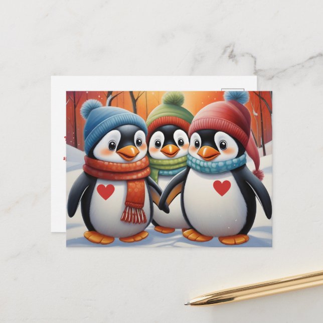 Cute Lovely Penguins Christmas  Postcard (Front/Back In Situ)
