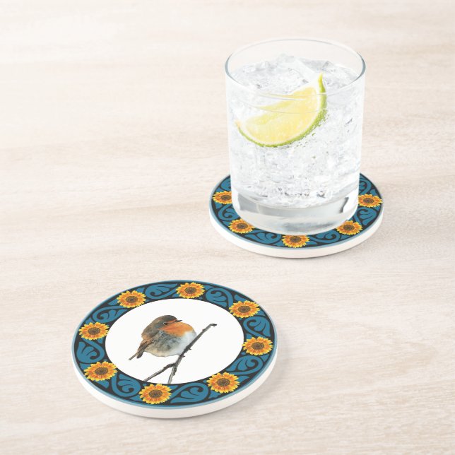 Cute lovely Robin bird Redbreast sunflower Coaster (Side)