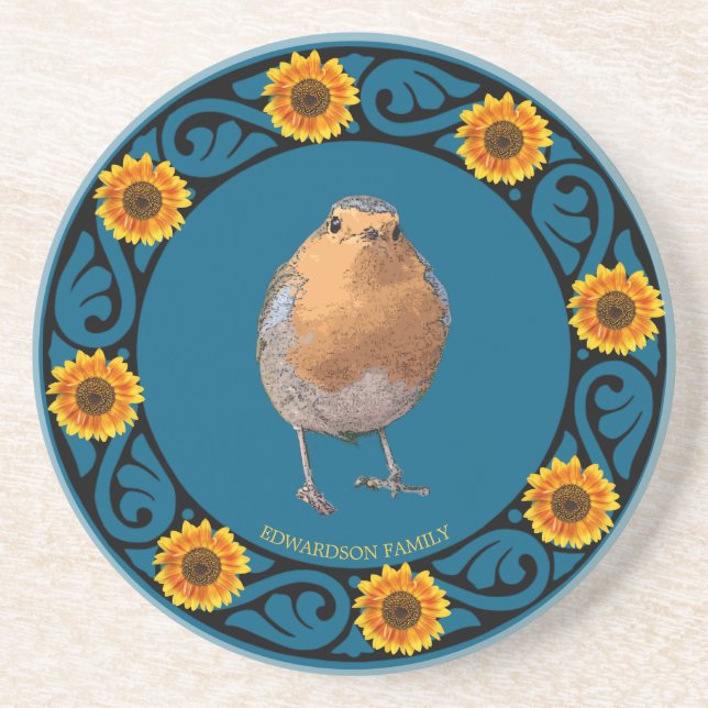 Cute lovely Robin bird sunflower monogram name Coaster (Front)