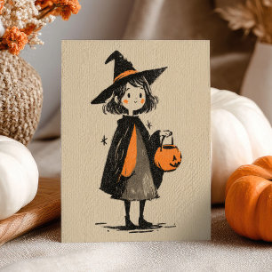 Cute Lovely Witch Girl Retro Minimalist Halloween Postcard