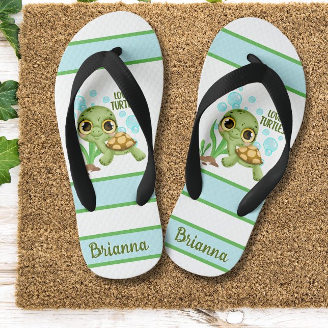 Cute “Loves Turtles” Personalised Sea Turtle Kid's Flip Flops (Creator Uploaded)