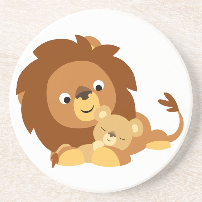 Cute Loving Cartoon Lion Dad and Cub Coaster (Front)