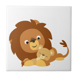 Cute Loving Cartoon Lion Dad and Cub Tile