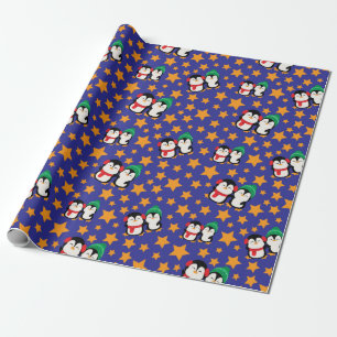 Cute Loving Penguins Magic Yellow Stars Seamless Wrapping Paper
