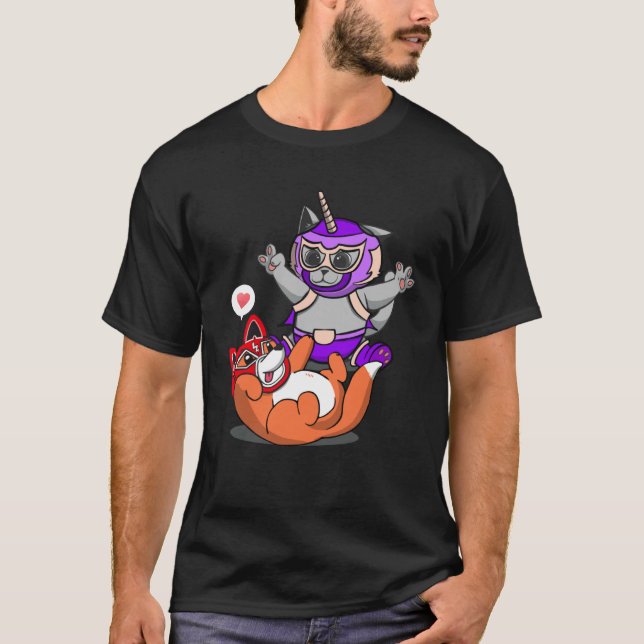 Cute  Luchador Dog and Unicorn Cat T-Shirt (Front)