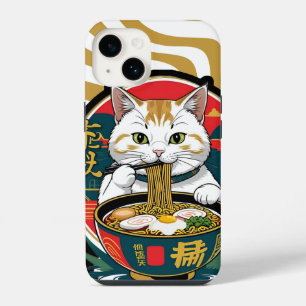 Cute Lucky Cat Eating Ramen Bowl Illustration iPhone 14 Case