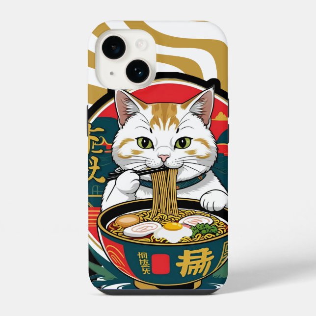 Cute Lucky Cat Eating Ramen Bowl Illustration iPhone Case (Back)