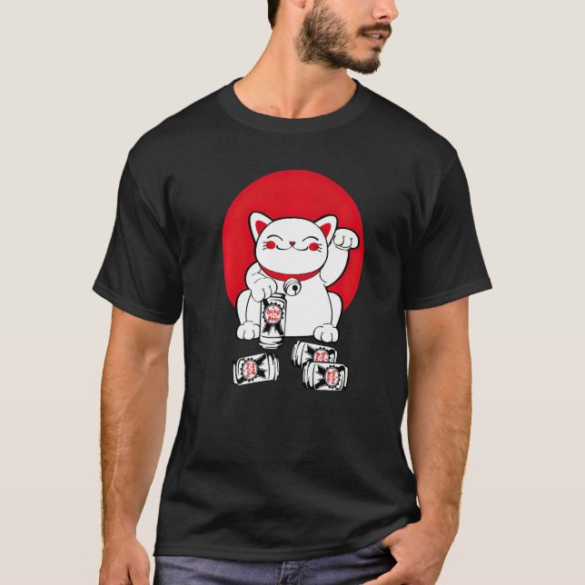 Cute Lucky Cat Maneki Neko Japanese Drink Luck Bee T-Shirt (Front)