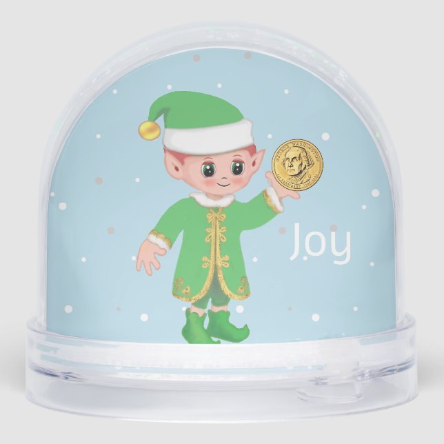 Cute Lucky Elf Holding a Gold Coin Snow Globe (Back)