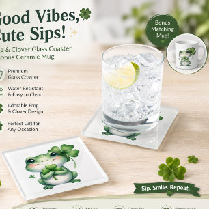 Cute Lucky Frog with Four Leaf Clover Latte Mug Glass Coaster