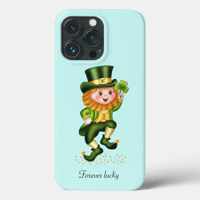 Cute Lucky Green Gnome on Light Turquoise Blue Case-Mate iPhone Case (Back)