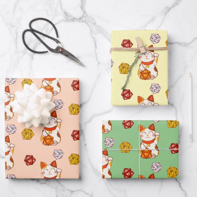 Cute Lucky Maneki-neko Gamer Dice Pattern Wrapping Paper Sheet (Front)