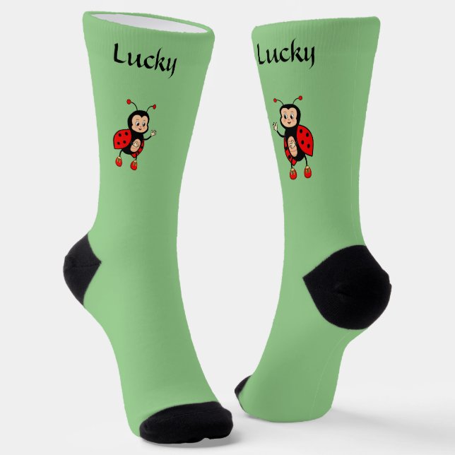 Cute Lucky Red Ladybug on Light Green Socks (Angled)
