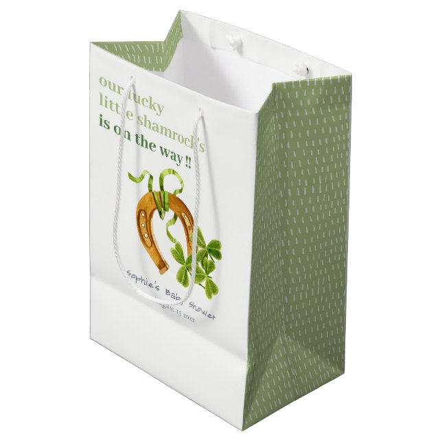 Cute Lucky Shamrock St Patrick's Day Baby Shower Medium Gift Bag (Front Angled)