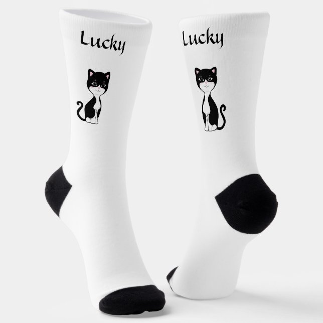 Cute Lucky Tuxedo Cat on White Socks (Angled)