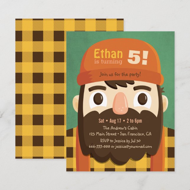 Cute Lumberjack Beard Boy Birthday Party Invites (Front/Back)