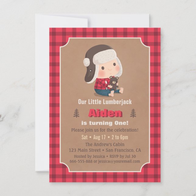 Cute Lumberjack Teddy Bear Birthday Party Invites (Front)