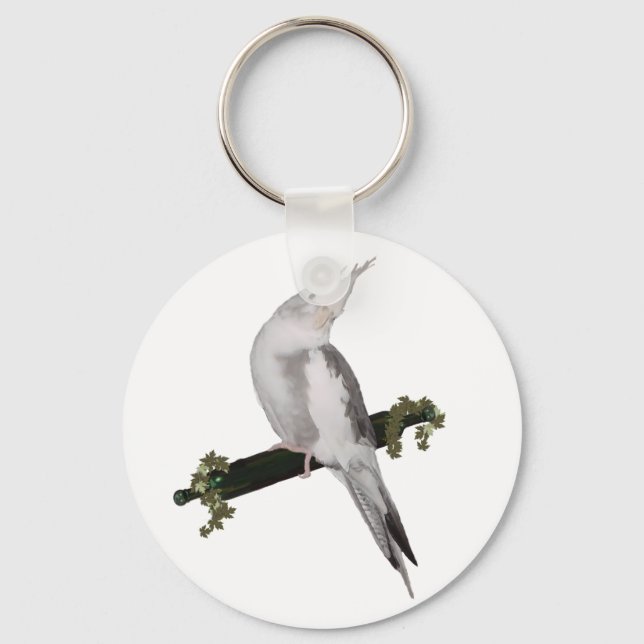 Cute Lutino Cockatiel Bird Ivy Perch Animal Key Ring (Front)