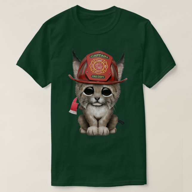 Cute Lynx Cub Firefighter T-Shirt (Design Front)