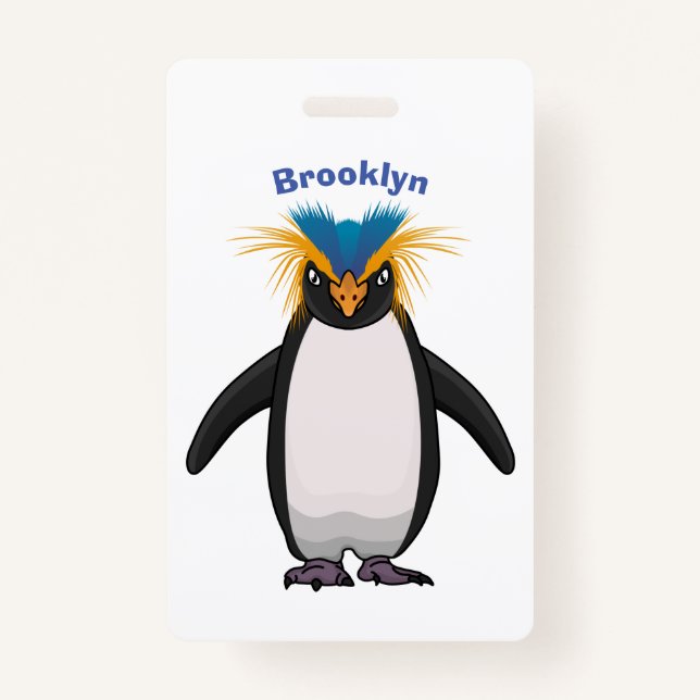 Cute macaroni penguin cartoon illustration ID badge (Front)