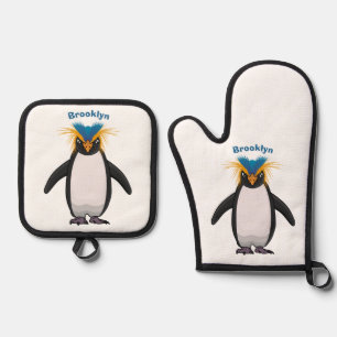 Cute macaroni penguin cartoon illustration oven mitt & pot holder set