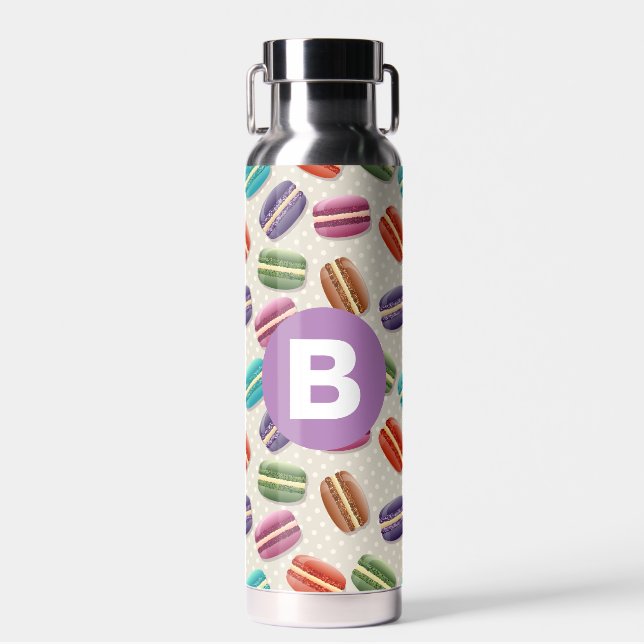 Cute Macaroon Pattern Dotty Purple Monogram Water Bottle (Front)