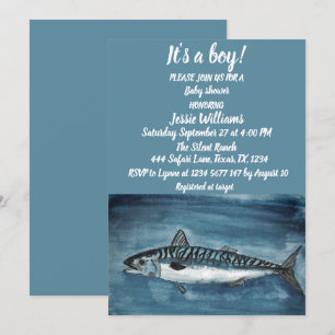 Cute Mackerel Under the sea nautical Blue Baby Boy Invitation
