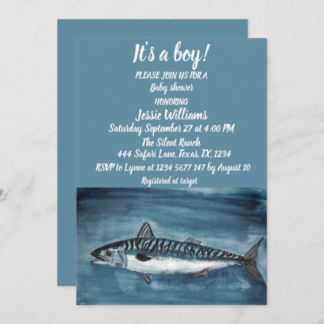 Cute Mackerel Under the sea nautical Blue Baby Boy Invitation (Front/Back)